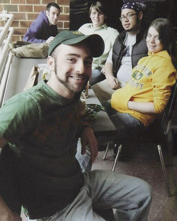 Students lounge on the terrace at the Johnson Center in the mid 2000s. 