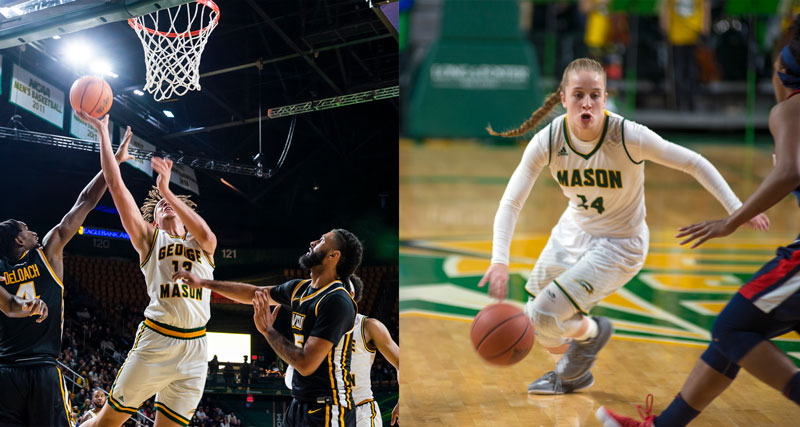 Composite of on-court action at Men's and Women's basketball games. The men's team dunks at the hoop, and the women's forward charges down the court