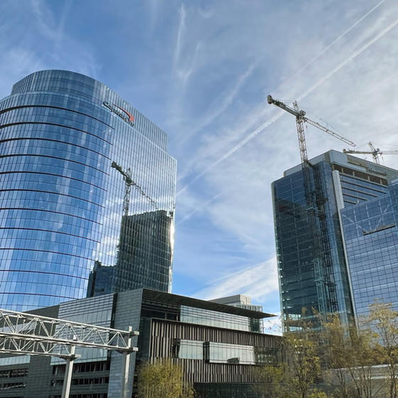 Crane operates above the high-rise Capital One building in Tyson's Corner, Virginia